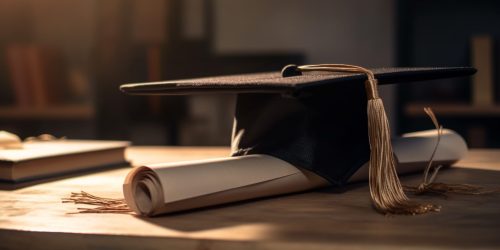 Stack of diplomas on antique bookshelf background generated by artificial intelligence